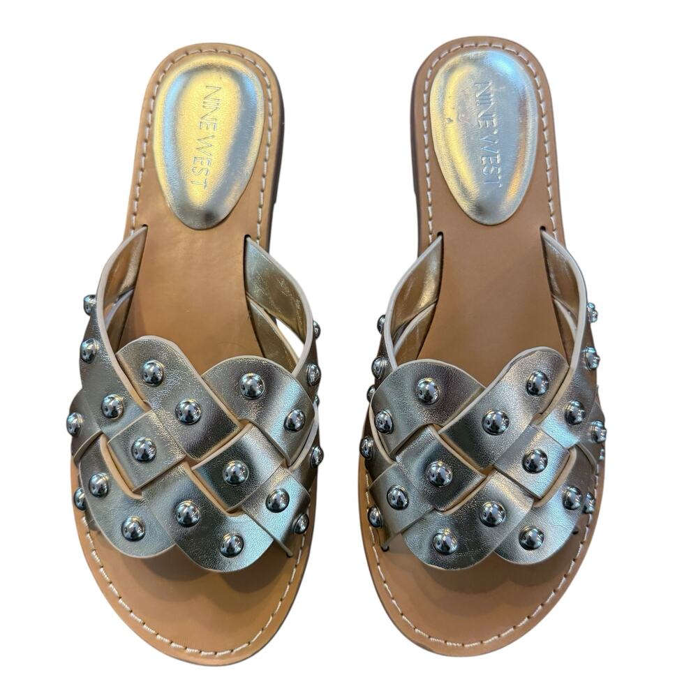 Nine West Womens like-new gold faux leather studded woven slide, flat, Size 6M - Picture 2 of 5